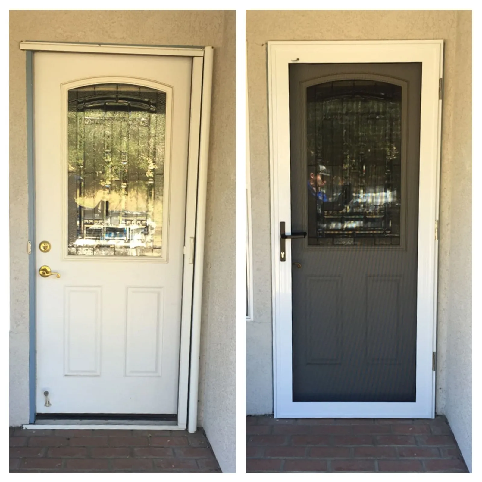 Side-by-side before and after of an arch-glass entry door, bare on the left and fitted with a white security screen door on the right