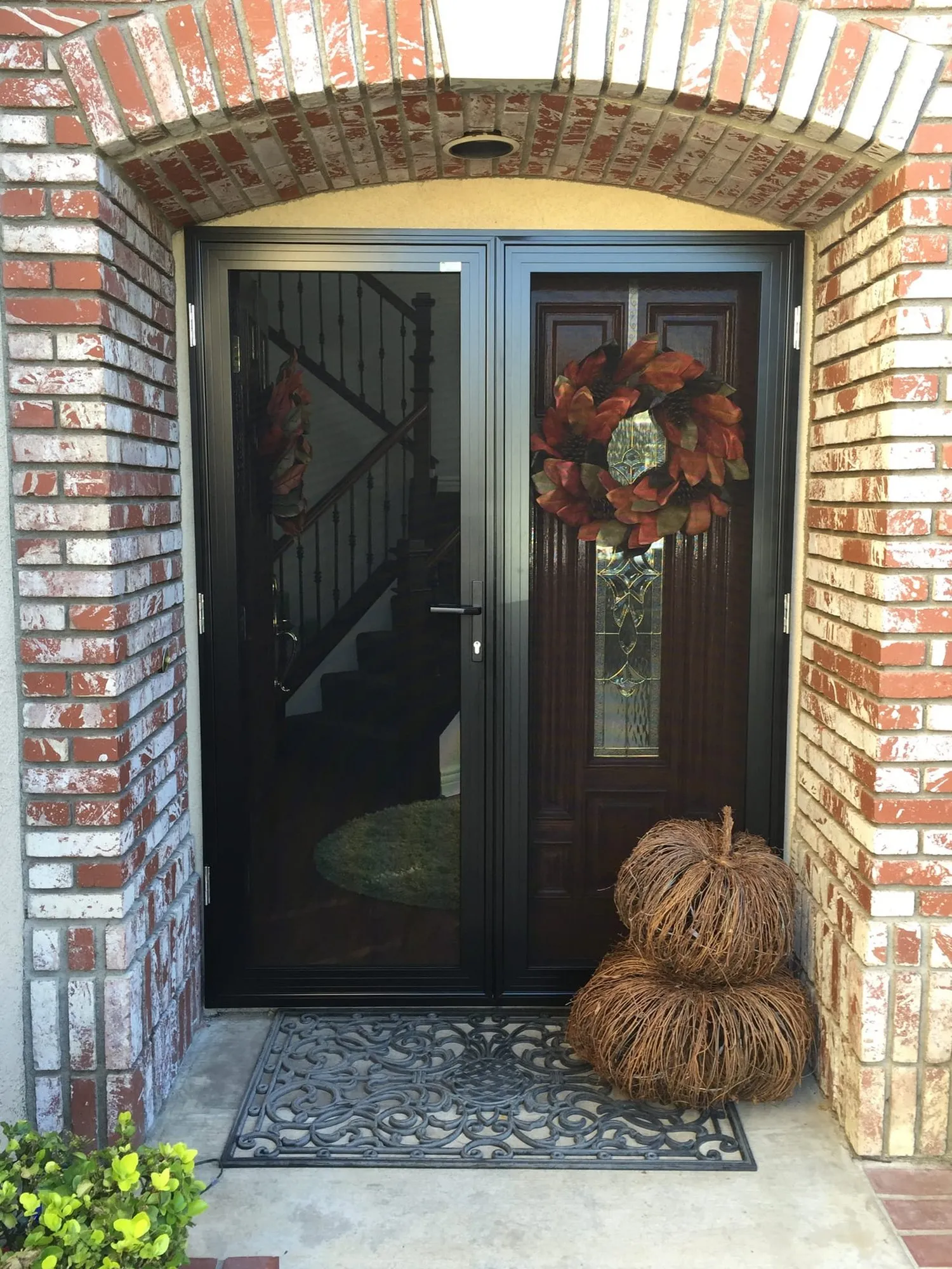 A pair of black-framed Daylight Steel security screen doors on a brick-arched entry - the staircase inside is clearly visible through the mesh