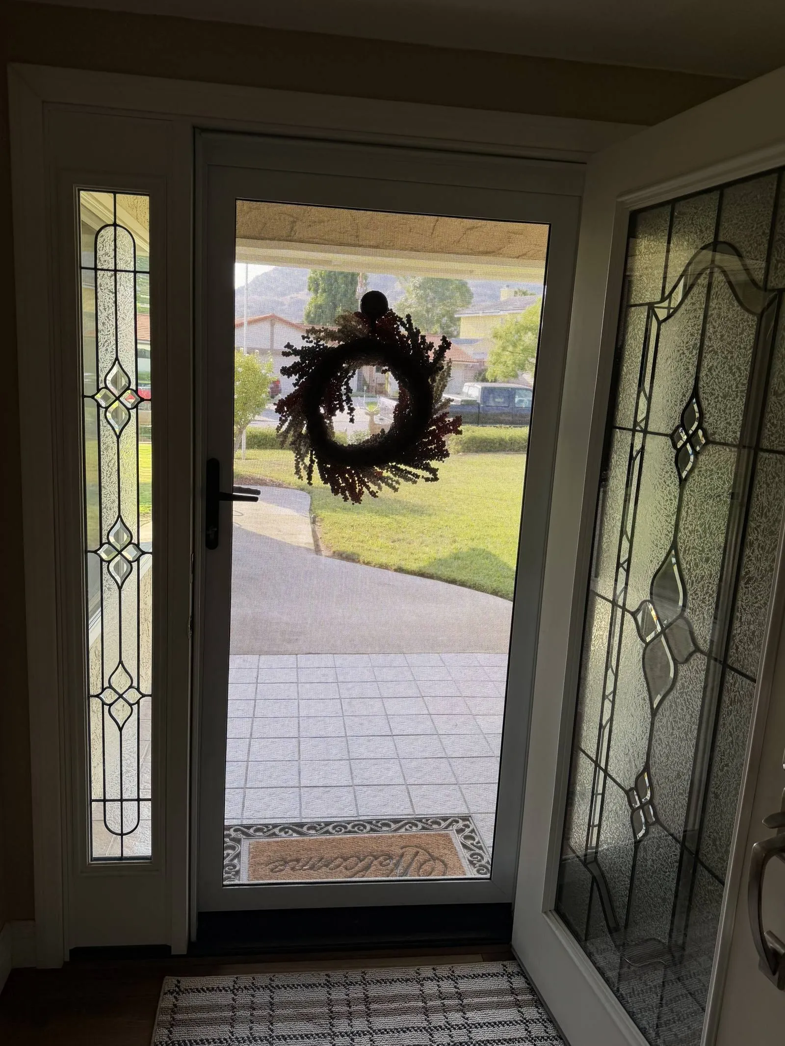 View from inside a front entry through a locked security screen door: the walkway, front lawn, parked cars, and the hills beyond all read clearly through the mesh