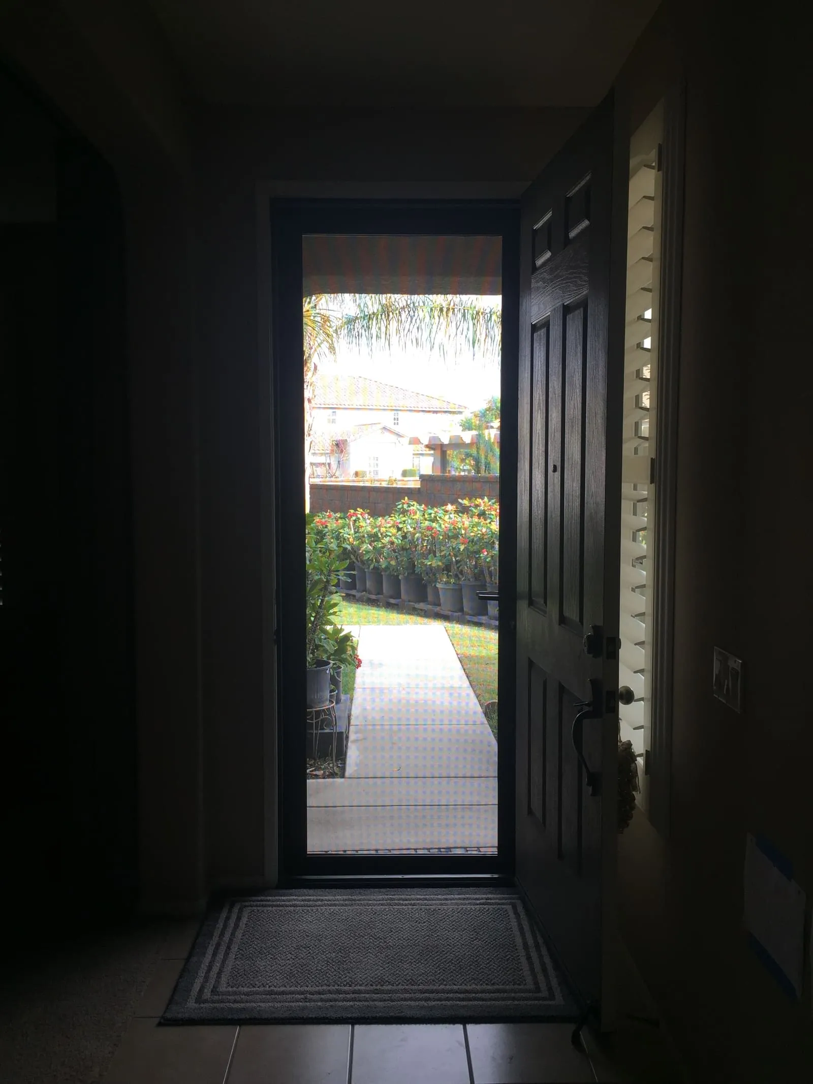View from inside an entry hall through a locked security screen door: walkway, potted flowers, and the neighborhood in clear view