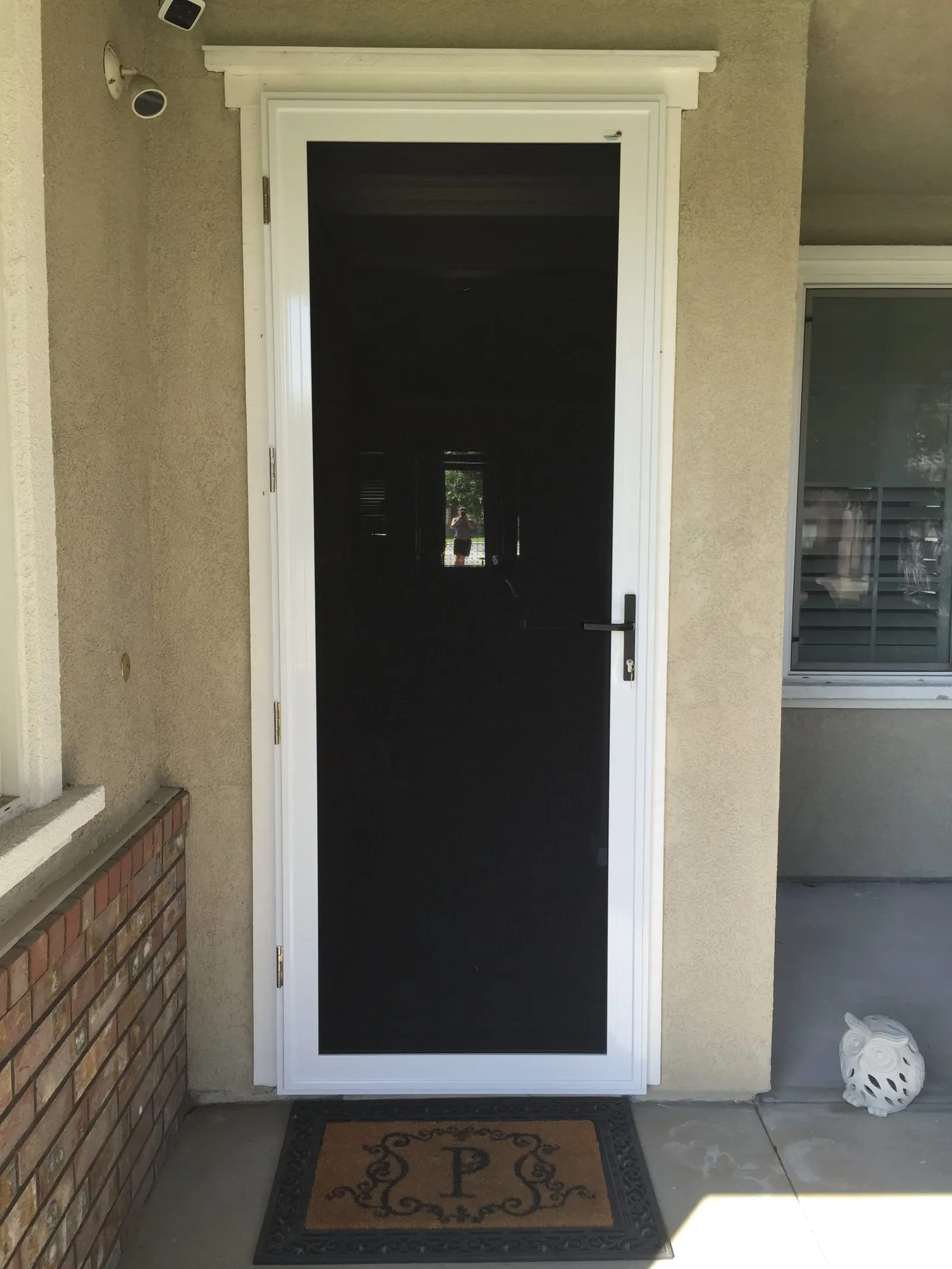 A white-framed Daylight Steel hinged security screen door on a front entry, mesh nearly invisible over the door behind