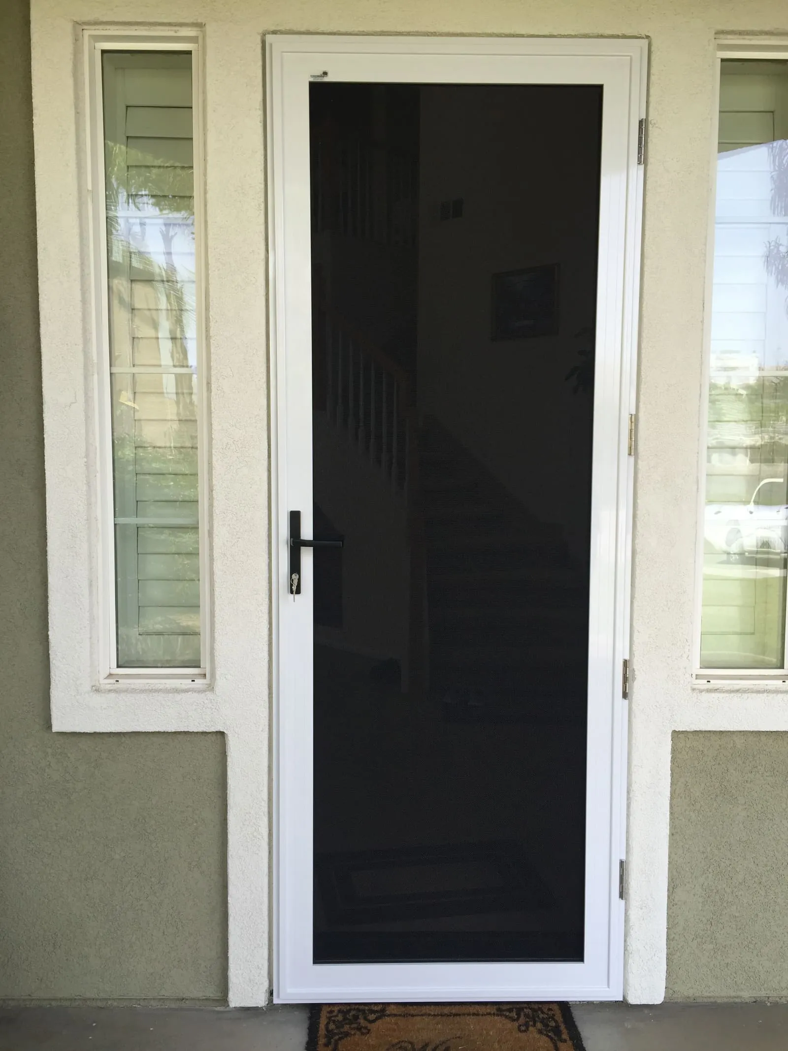 White full-view hinged security screen door, one uninterrupted panel of dark 316 mesh